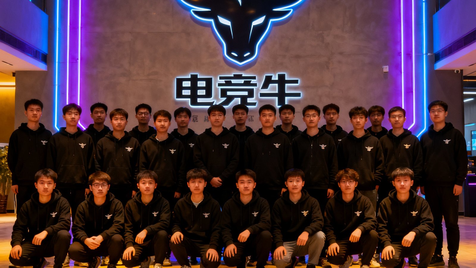 电竞牛核心团队2024年年会合影，约30名骨干成员身着公司黑色卫衣在电竞产业园大厅拍摄，背景是巨大的电竞牛品牌Logo墙和霓虹灯光装饰