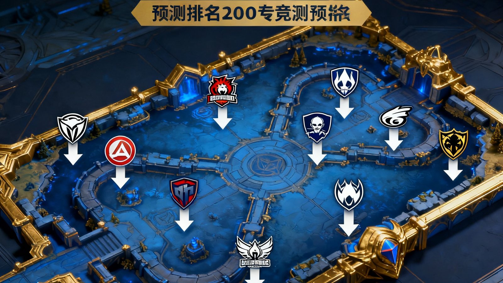 LPL夏季赛前瞻文章封面图，画面主体为召唤师峡谷地图俯视图，上面标注了各战队Logo和预测排名箭头，色调为深蓝与金色